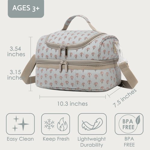 Life on track Insulated Kids Dual Compartment Lunch Bags Tote for Girls Boys Toddler Lunch Boxes Pre-School Toddler Kindergarten Picnic Camp Food Cooler Thermal with Strap (Z Blue Floral)