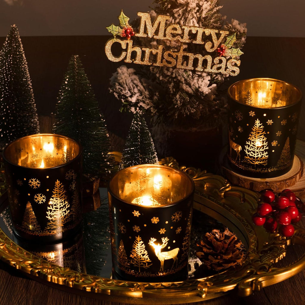 Skiennix Votive Candle Holders - Black & Gold Glass Tealight Set of 3 | Festive Elk, Tree & Snowflake Design for Holiday Decor