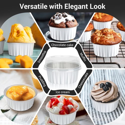 EUSOAR Cupcake Cups with Lids, 5oz 50pcs Disposable Desserts Flan, 3.34x2.59x2.35" Baking Cups with Lids, Aluminum Foil Desserts Cupcake Flan, Catering Gathering Shower Favor-White