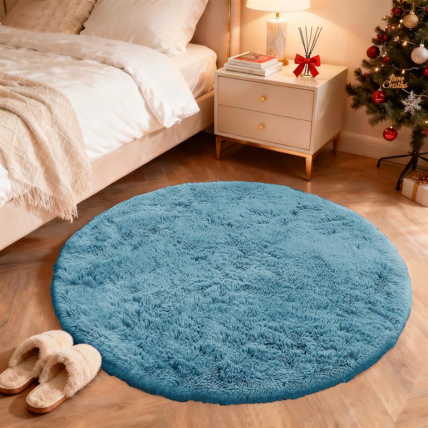 OLANLY Round Slate Blue Area Rug - Soft, Fluffy, Machine Washable 8 ft Carpet for Bedroom & Living Room