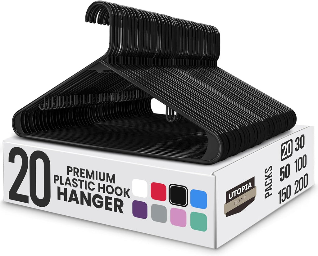 Utopia Home Plastic Hangers - Durable Space-Saving Closet Organizers - 20 Pack in Black for Shirts, Pants & Coats