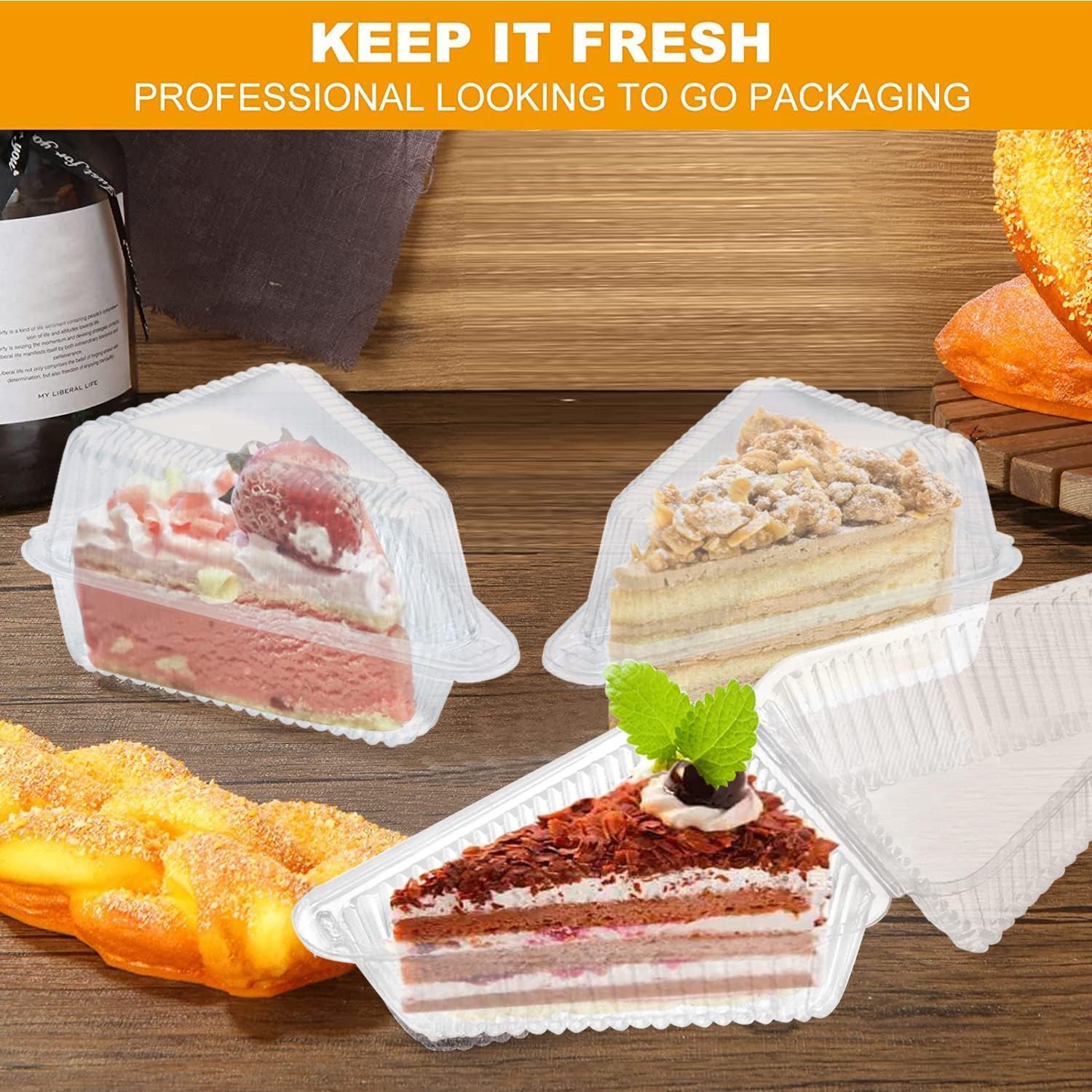 MFDSJ 200 Pieces Cake Slice Plastic Containers with Lids 5 Inches Hinged Lid Cheese cake Container, for Home, Bakery and Cafe