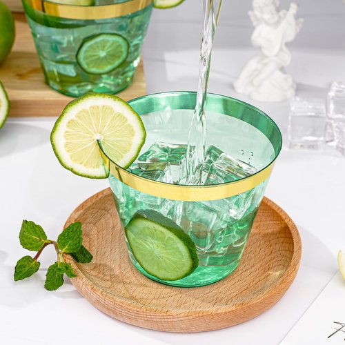 Bestluck 100 Pack 9 oz Green Plastic Cups, Clear Disposable Cups with Gold Rim, Plastic Cocktail Glasses for Party & Graduation & Wedding