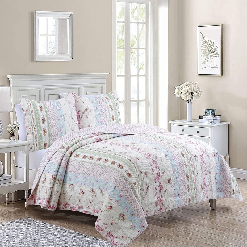 100% Cotton 3 Piece Queen Quilt Bedding Set, Wild Rose Floral Striped Reversible Coverlet, Bedspread