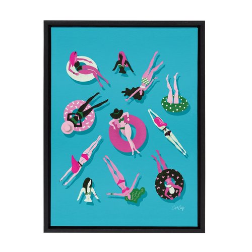 Kate and Laurel Sylvie Swimming Ladies Magenta and Blue Framed Canvas Wall Art by Cat Coquillette, 18x24 Black, Colorful Feminine Art for Wall