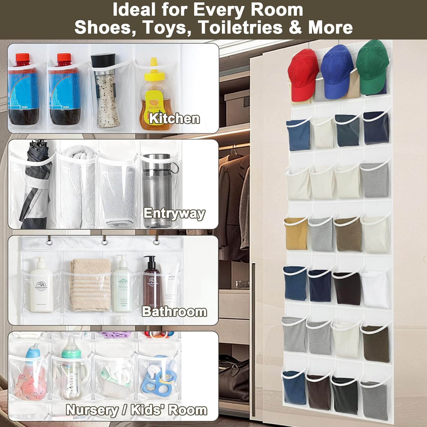 Over The Door Shoe Organizer - 24 Crystal Clear Pockets & Heavy Duty Metal Hooks | Space-Saving Shoe Storage (White)