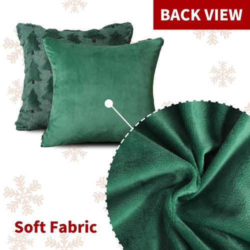 4TH Emotion Christmas Trees Decorative Pillow Covers 18x18 Set of 2, Green Soft Plush Faux Fur Farmhouse Throw Cushion Cases for Xmas Winter Holiday Home Decor
