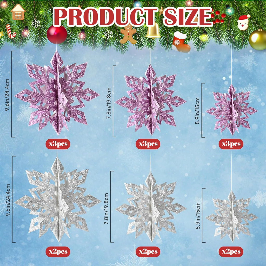 Skiennix 15-Piece 3D Glitter Snowflakes Decorations - Purple & Silver Winter Wonderland Garland