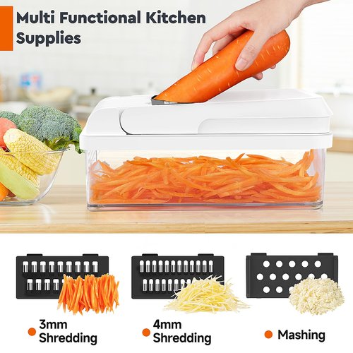 MealHelper 12-in-1 Vegetable Chopper, 7 Blade Veggie Chopper, Practical Food Chopper with Container, Cheese Grater, Home Essentials & Kitchen Gadgets(Black/White)
