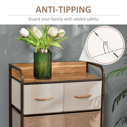 HOMCOM 5-Drawer Fabric Dresser Tower, 4-Tier Storage Organizer with Steel Frame for Hallway, Bedroom and Closet, Maple Wood