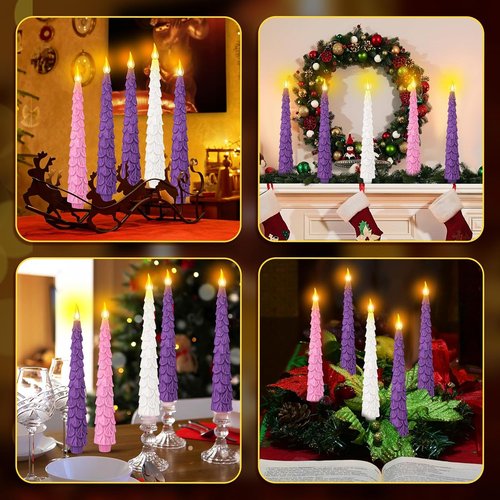 Baquler Flameless Advent Candle Set - 5 Pcs LED Taper Candles with Remote Timer | 10 Inch Purple, Pink, White