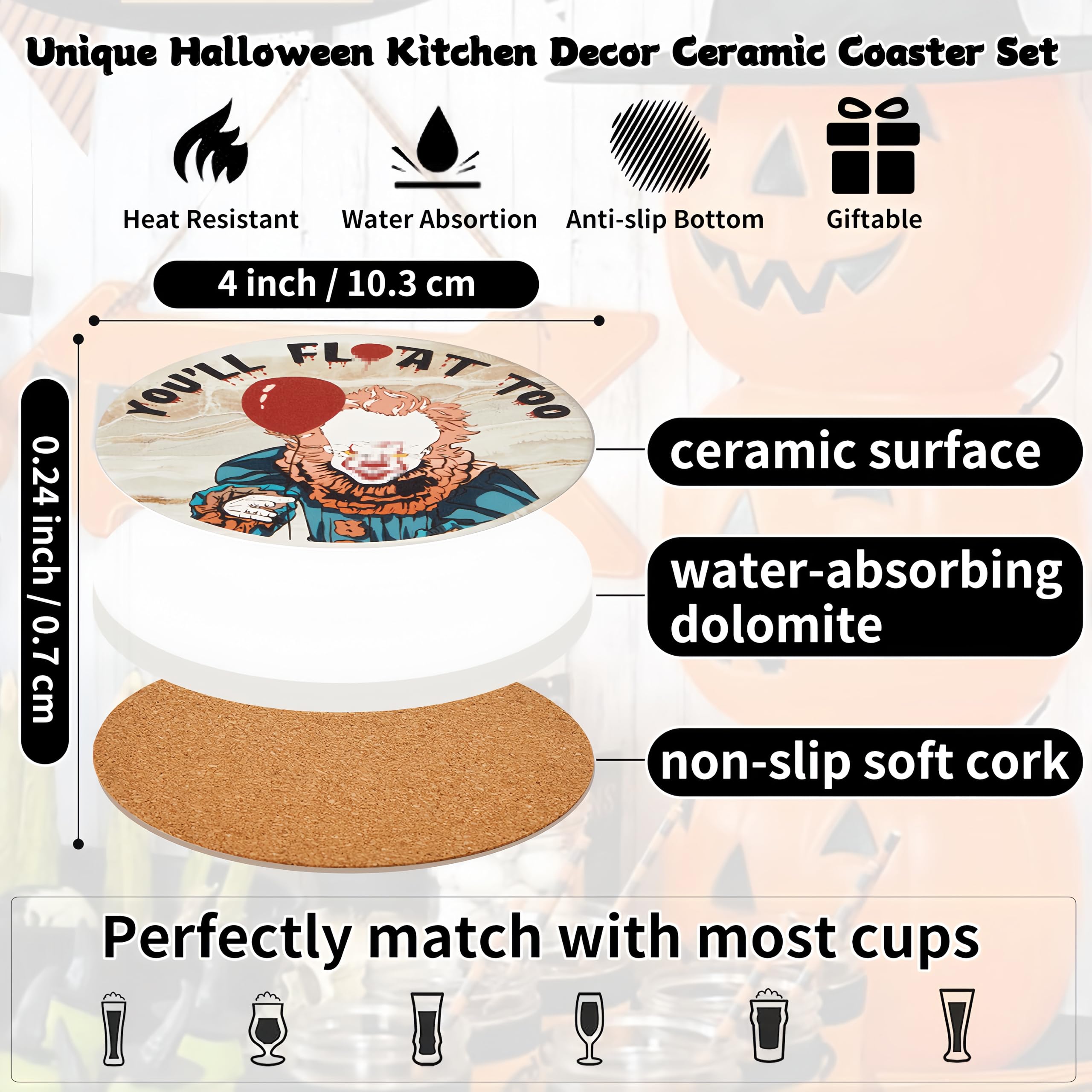 Scary Halloween Decor for Kitchen and Home,Spooky Character Stone Cork Coasters for Coffee Table Drinks,6 Pcs Scary Killer Coaster Set with Holder,Scream Themed Gift and Party Decor