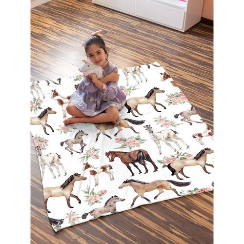 AUSMART Horse Rose Throw Blanket for Women Men Flowers Blanket Gifts for Adults Cute Horses Lightweight Blanket 60X80 Inches for Bed All Season