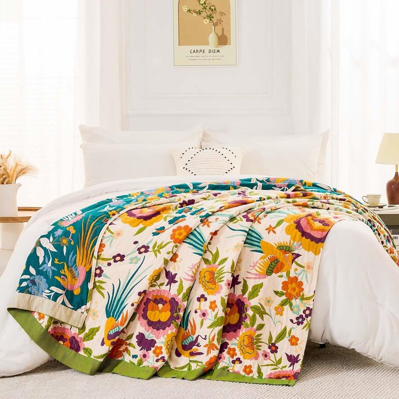 XIBLC Boho Throw Blanket for Bed, 100% Cotton Soft Rustic Quilt Fall Blanket, 80" 90" Floral Printed Farmhouse Decor Bed Blankets, All Season Rustic Reversible Bohemian Throw Quilt
