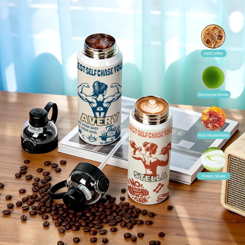PYD Life 4 Pack Sublimation Sports Water Bottle Blanks 32 OZ 960 ML White Tumblers Cups Vacuum Flask Jug with Straw Spout Pop Lid and Silicone Handle for Sublimation Printing