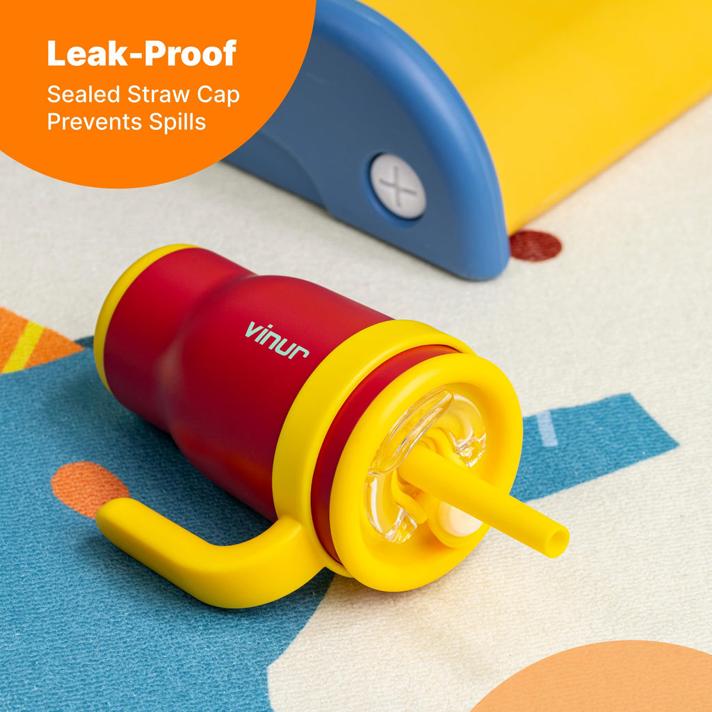 VINUR 14 oz Kids Tumbler with Handle and Straw Lid-2 Pack Stainless Steel Insulated Tumbler Travel Cup with Rubber Base|Drop and Leak Resistant |Cup Holder Friendly (Canyon Red-Navy)