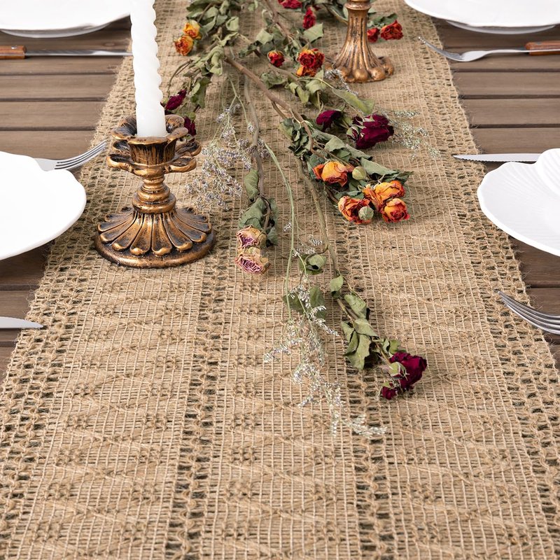 Socomi Boho Table Runner Summer Farmhouse Burlap Jute Bamboo Rustic Dining Kitchen Centerpiece Decor Long Macrame Woven Coffee Table Runner for Dresser Scarf Home Decor 12x108 inch