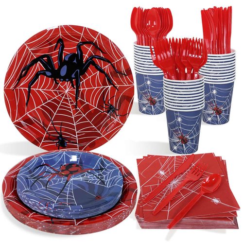 175Pcs Spider Web Birthday Decorations Plates Set 25 Guests Spider Theme Paper Plates Napkins Cups Tableware Party Supplies