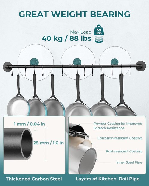 OROPY 38 inch Pot Bar Rack Wall Mounted Detachable Pans Hanging Rail Kitchen Lids Utensils Hanger with 14 S Hooks Black