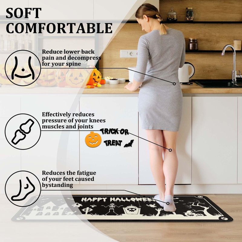 OUXIOAZ Happy Halloweeen Skull Black Kitchen Rugs and Mats Set of 2, Bat Boo Pumpkin Halloween Farmhouse Party Floor Mat for Home Kitchen Decorations 17"x47"+17"x30"