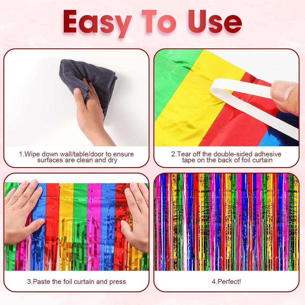 Voircoloria Rainbow Foil Fringe Backdrop Curtains - 3 Pack Tinsel Streamers for Parties | 3.3x8.2 Feet