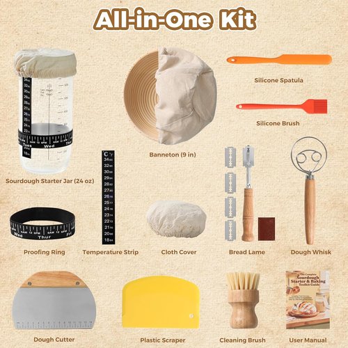 Complete Bread Proofing Basket Kit - All-in-One Sourdough Starter Set with Banneton, Dough Tools & More