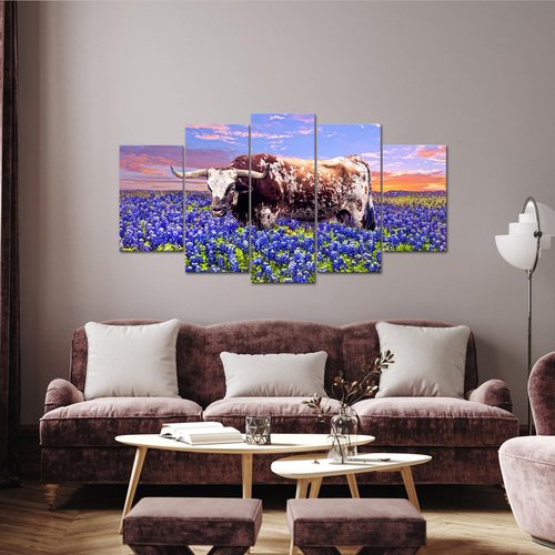 RyounoArt Longhorn Wall Decor Texas Bluebonnet Pictures Painting Bluebonnet Field Canvas Art for Living Room Bedroom Decor Framed Large