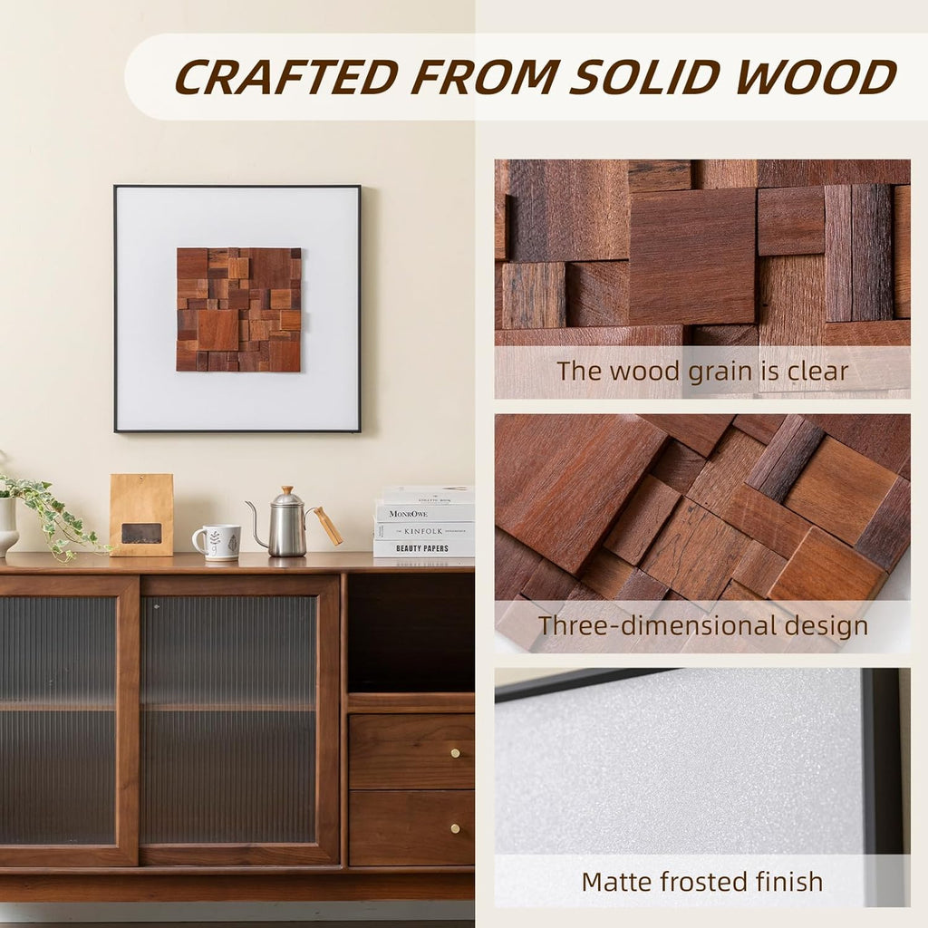 Regine Switzerland 3D Wood Textured Large Framed Abstract Wall Art - Modern Geometric Design (Brown, 24”H x 24”W)