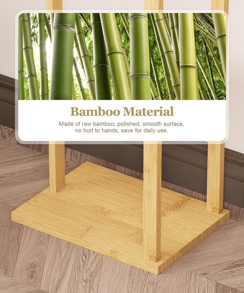 Cozivolife Bamboo Heavy Duty Small Clothing Coat Rack with Shelves & Hooks - Freestanding Corner Garment Rack for Entryway/Bedroom/Small Spaces - Anti-Slip, Anti-Tip Design, Easy Assembly