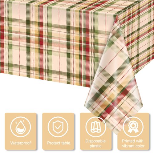 12Pack Fall Buffalo Checkered Plaid Table Covers, Plastic Give Thanks Buffalo Checkered Plaid Tablecloth Backdrop for Autumn Thanksgiving Birthday Baby Shower Friends Giving Party Supplies,54x108inch