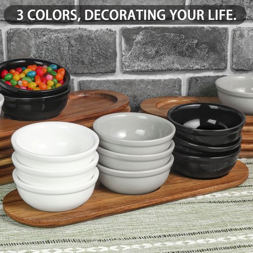 Artena Chip and Dip Serving Set - 12 oz Solid Ceramic with Acacia Tray & Black Bowls | Perfect for Appetizers