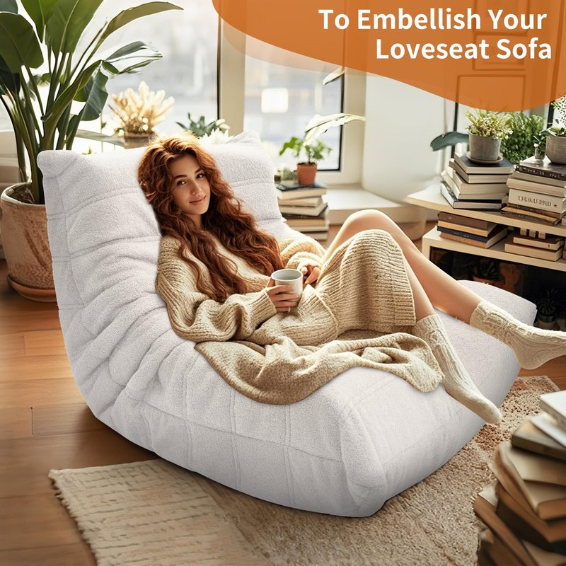 Eiury Fireside Chair - Lazy Floor Sofa for Adults, Mid-Century Teddy Velvet Lounge Chair with Ergonomic Design, Ideal for Living Room, Bedroom, Salon, Office, or Gaming Venue - White