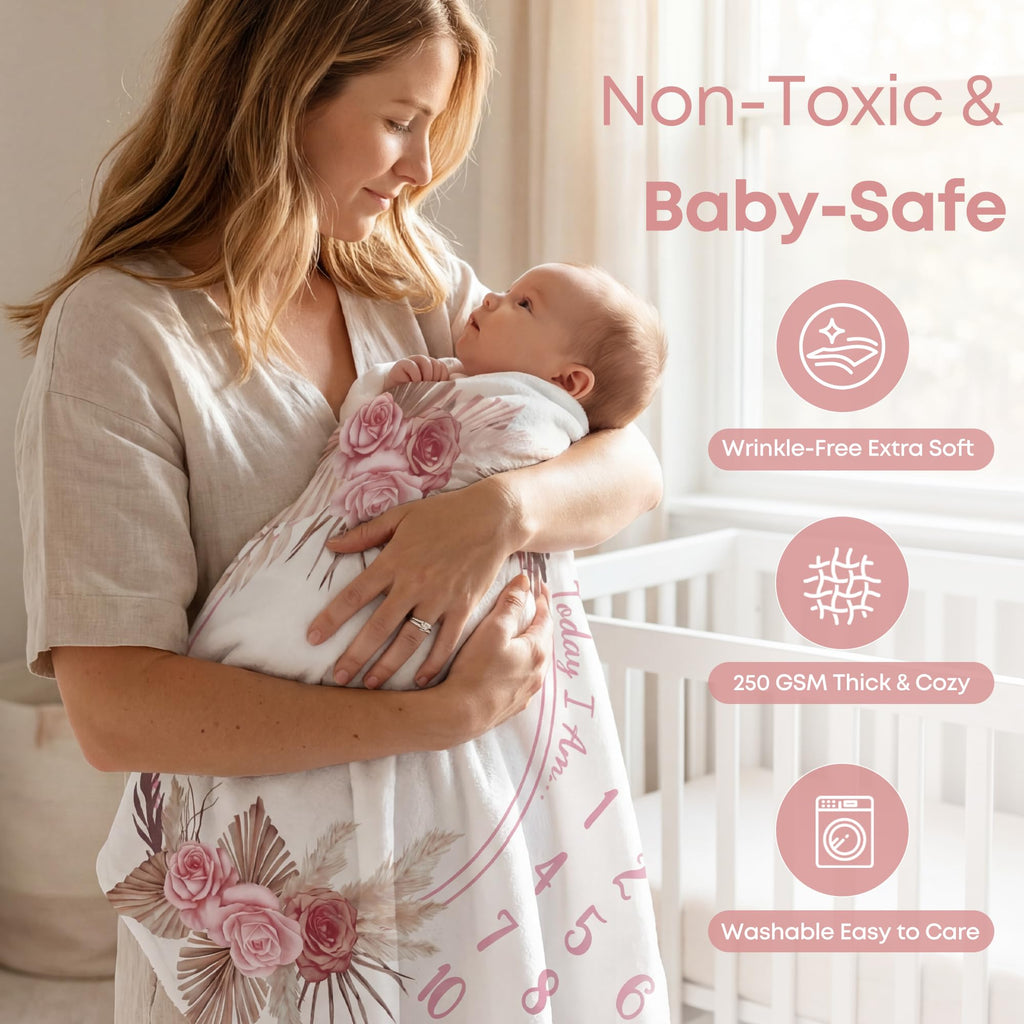 Warmther Baby Monthly Milestone Blanket, 40"x50" Flannel Monthly Milestone Photo Backdrop, Washable & Dryable, Floral Boho