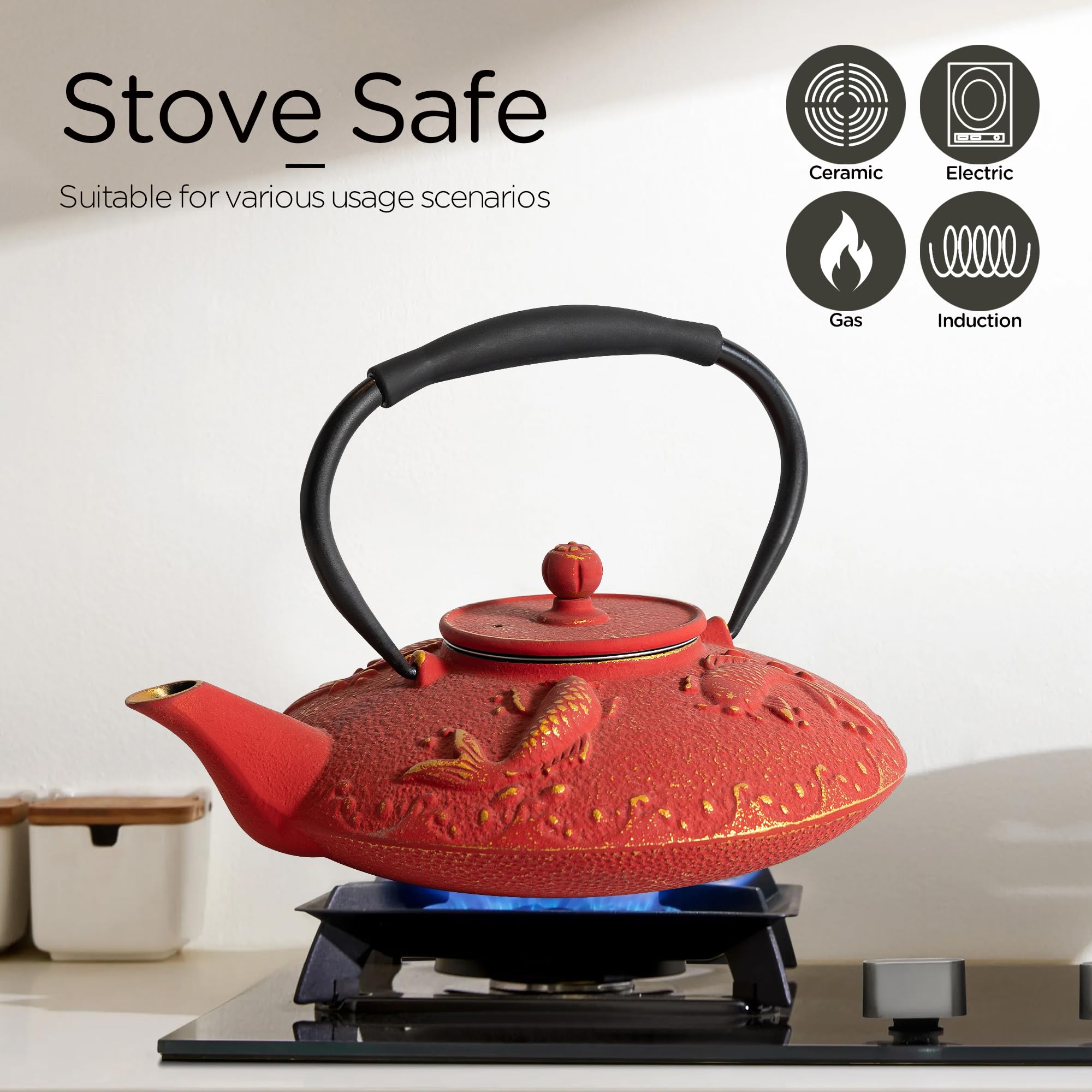 GUANGHEIRON Cast Iron Teapot Set with 2 Tea Cups, 7Pcs Japanese Tea Kettle with Stainless Steel Infuser, Tea Pot Coated with Enameled Interior, Fish Pattern, 27oz 780ml Red