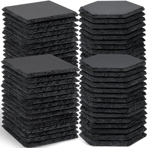 60 PCS Slate Stone Coasters Bulk, MAPRIAL 4 Inch Black Handmade Drink Coasters, 30 PCS Square, 30 PCS Hexagon, Ideal for Laser Engraving, Engravable Blanks Material for Engraver, Home Decor, Gifts