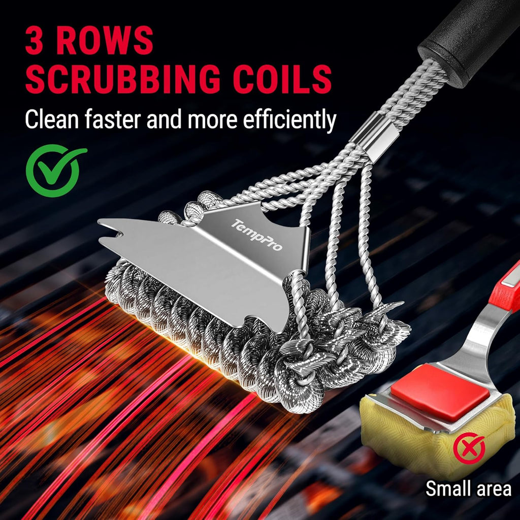 TempPro BBQ Grill Brush - Bristle-Free Stainless Steel Cleaner with Wide Scraper | Safe All-Grate Accessory