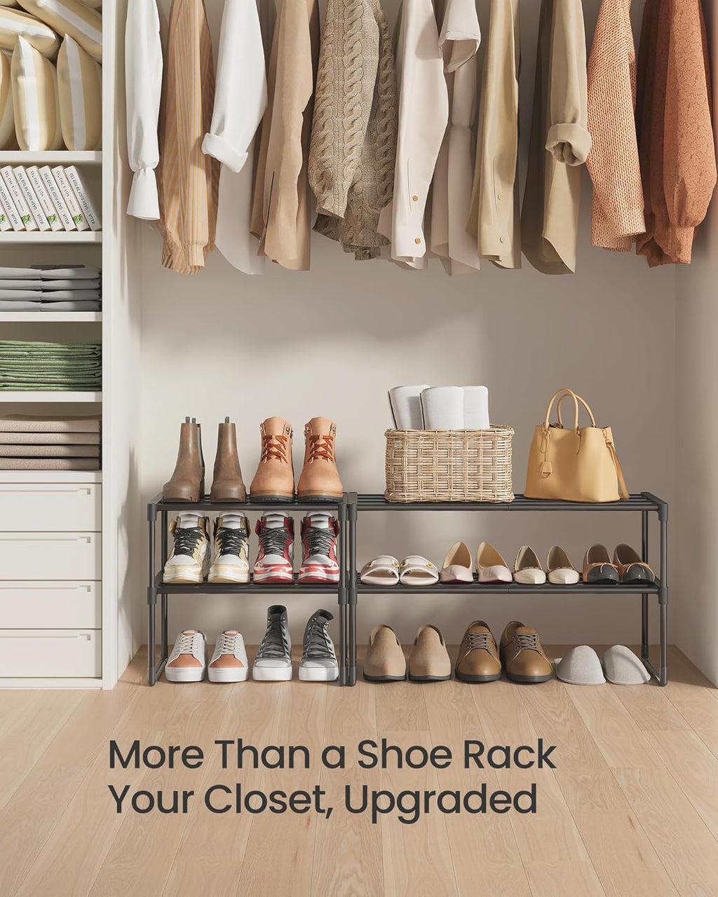 SONGMICS 2-Tier Shoe Rack - Stackable Metal Organizer for 3-6 Pairs | Versatile Entryway Storage, Black 11.8 x 16.7 x 14.8 Inches