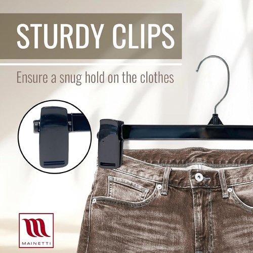 Mainetti Black Plastic Clothes Hangers - 100 Pack | 12-Inch Space-Saving Design with 360° Swivel Hook & Non-Slip Clips | Perfect for Pants, Skirts, and Shorts