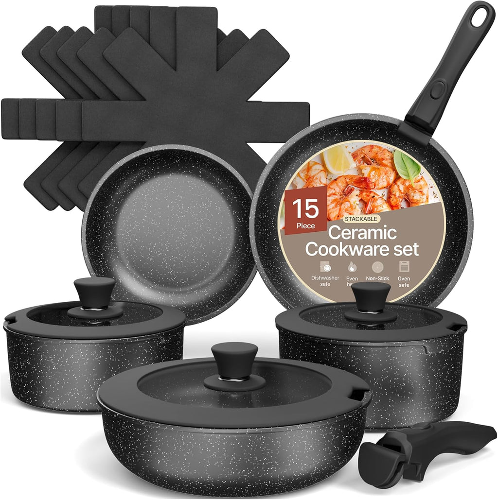 Skiennix Non-Stick Ceramic-Granite Pots & Pans Set - 15-Piece Stackable Cookware with Detachable Handles, Dishwasher Safe, Black Granite