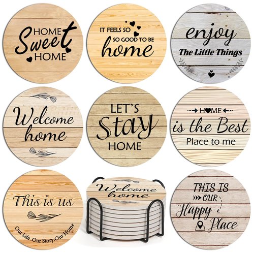 Billbotk Farmhouse Coasters Set of 8, Ceramic Drink Coaster for Coffee Table Decor, Funny House Warming Gifts for New Home, 4 Inches