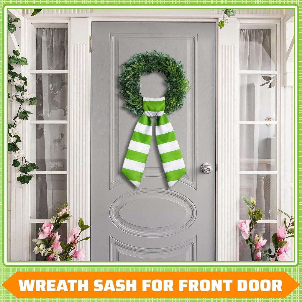 Skiennix Wreath Sash - Satin Blank Sash for Embroidery | Indoor/Outdoor Home Decor (Green & White Stripes)