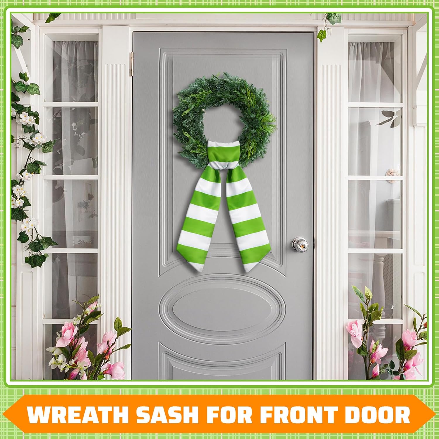 Skiennix Wreath Sash - Satin Blank Sash for Embroidery | Indoor/Outdoor Home Decor (Green & White Stripes)
