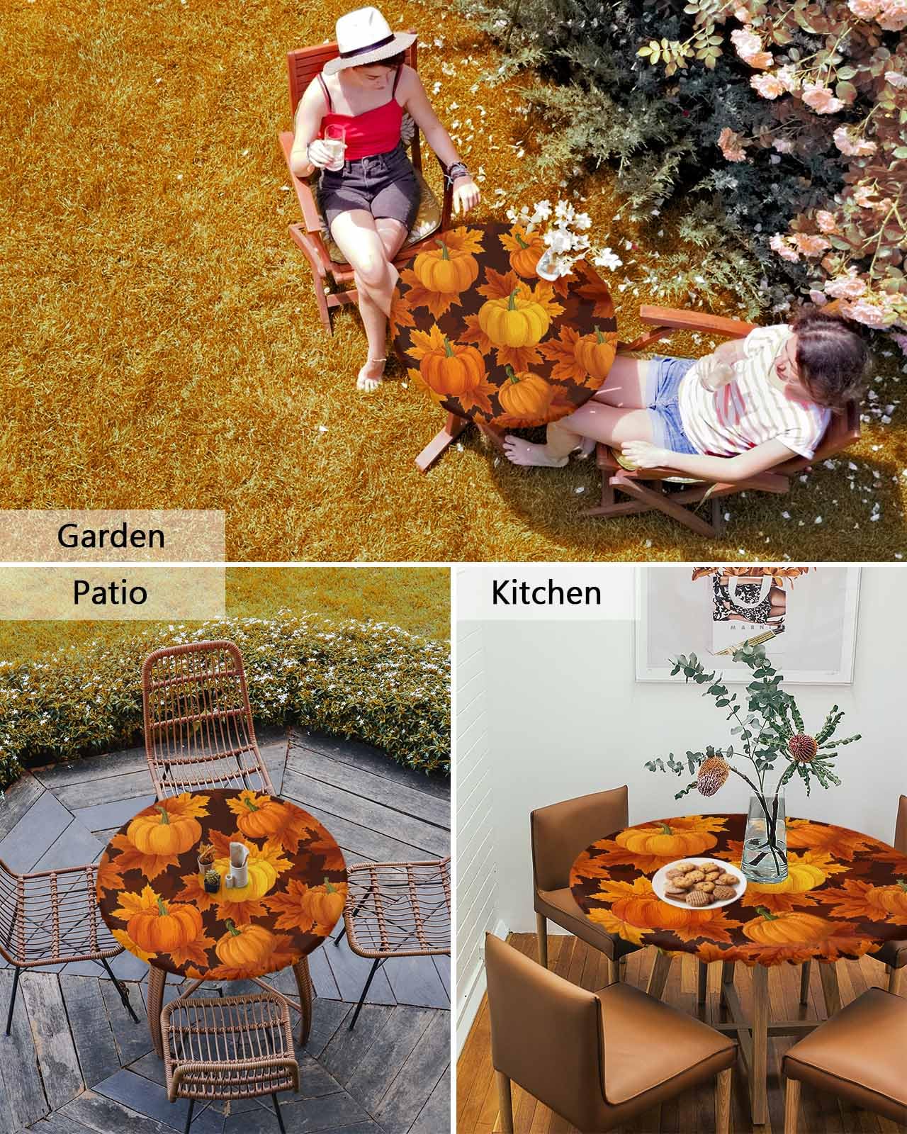 Thanksgiving Pumpkin Maple Leaves Round Table Cloth Fitted Tablecloth,Fall Table Cover with Elastic Edge Waterproof Table Cloth,Autumn Harvest Circle Table Covers for Kitchen Indoor Outdoor 45-54in