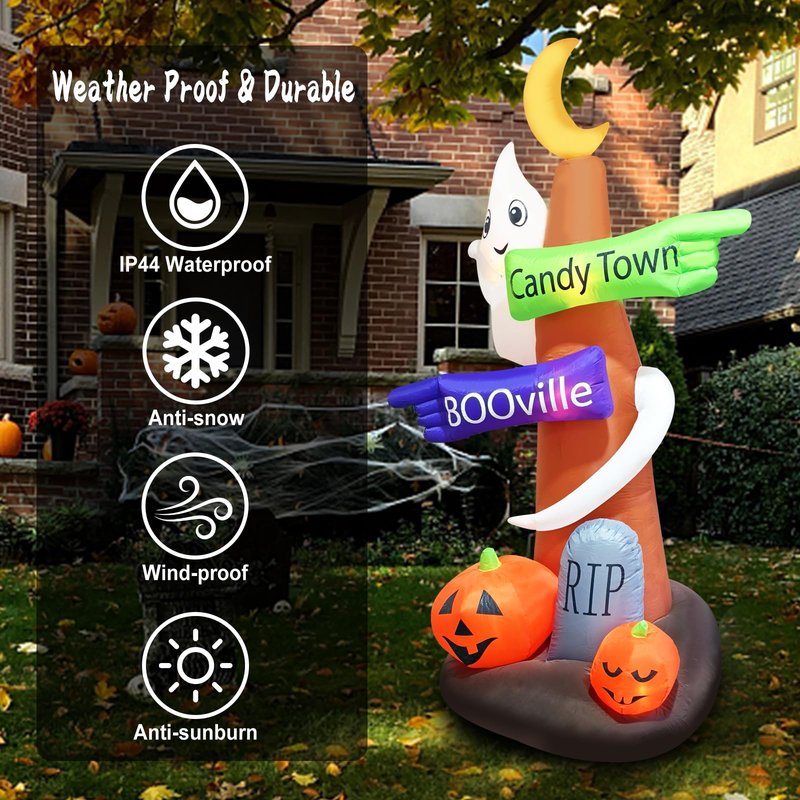 8 Feet Halloween Decoration Dead Tree Road Sign with Flying Ghost Pumpkins RIP Blow Up Lighted Outdoor Spooky Tombstone for Holiday Party Indoor Outside Yard Lawn Garden Decor