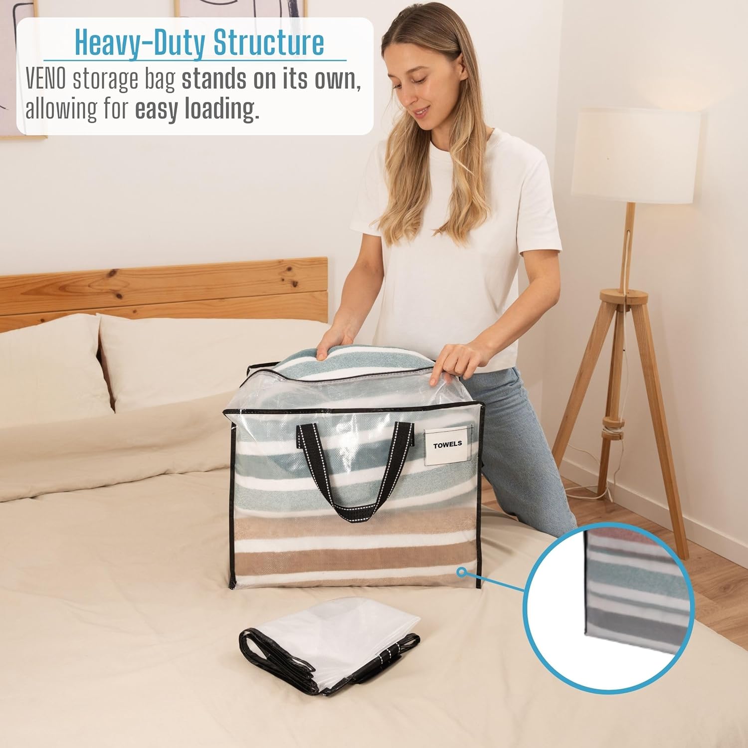 VENO Heavy Duty Moving Bags - 4 Pack Storage Totes with Top Zipper for Camping & Bedding (13 Gallon Clear)