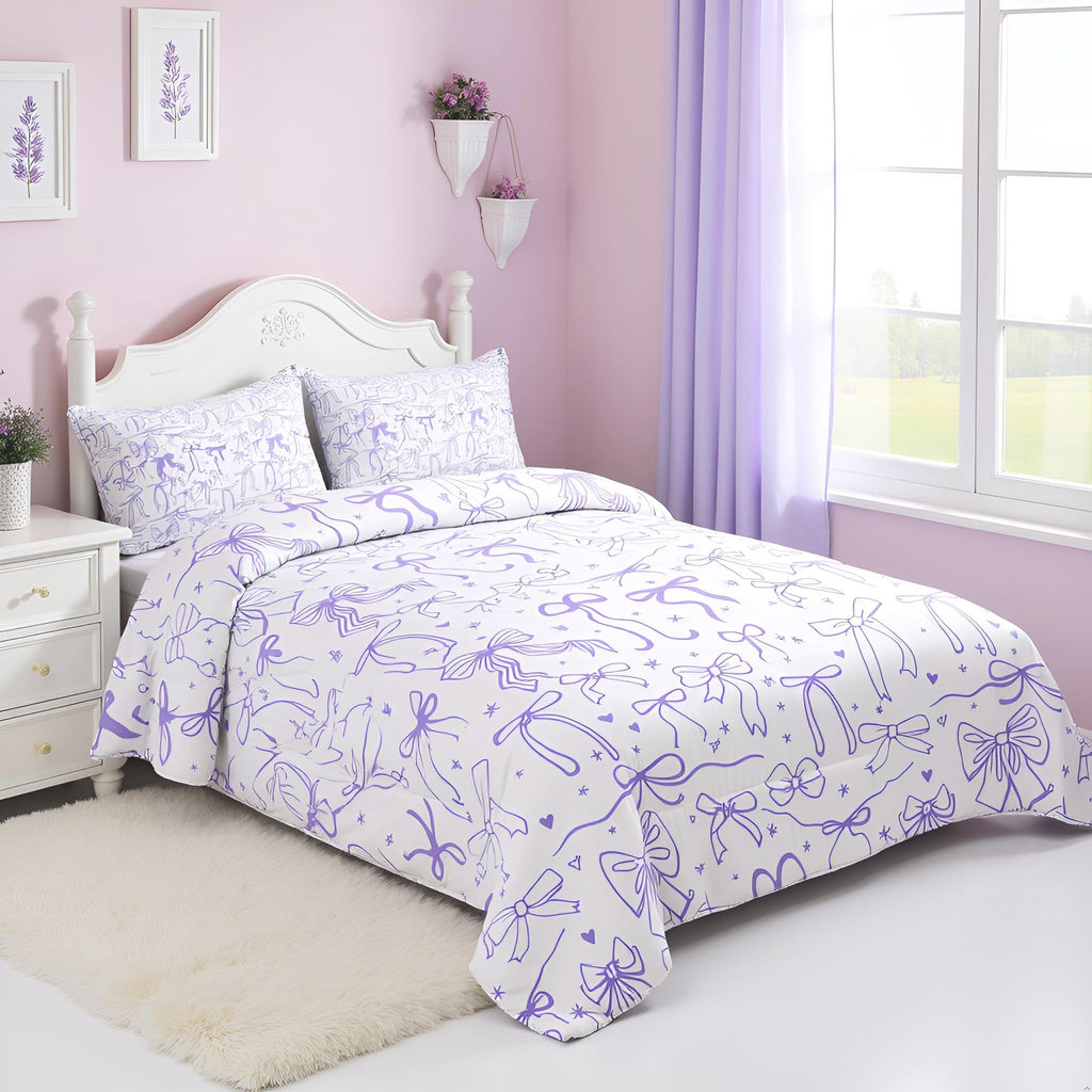 Purple Bowknots Comforter Set Full Size,Cartoon Hand Drawn Stars Love Bow Bedding Set,Kawaii Princess Style Quilt Set for Kids Girls Women Teens Room Decor,Romantic Duvet Insert,2 Pillowcases