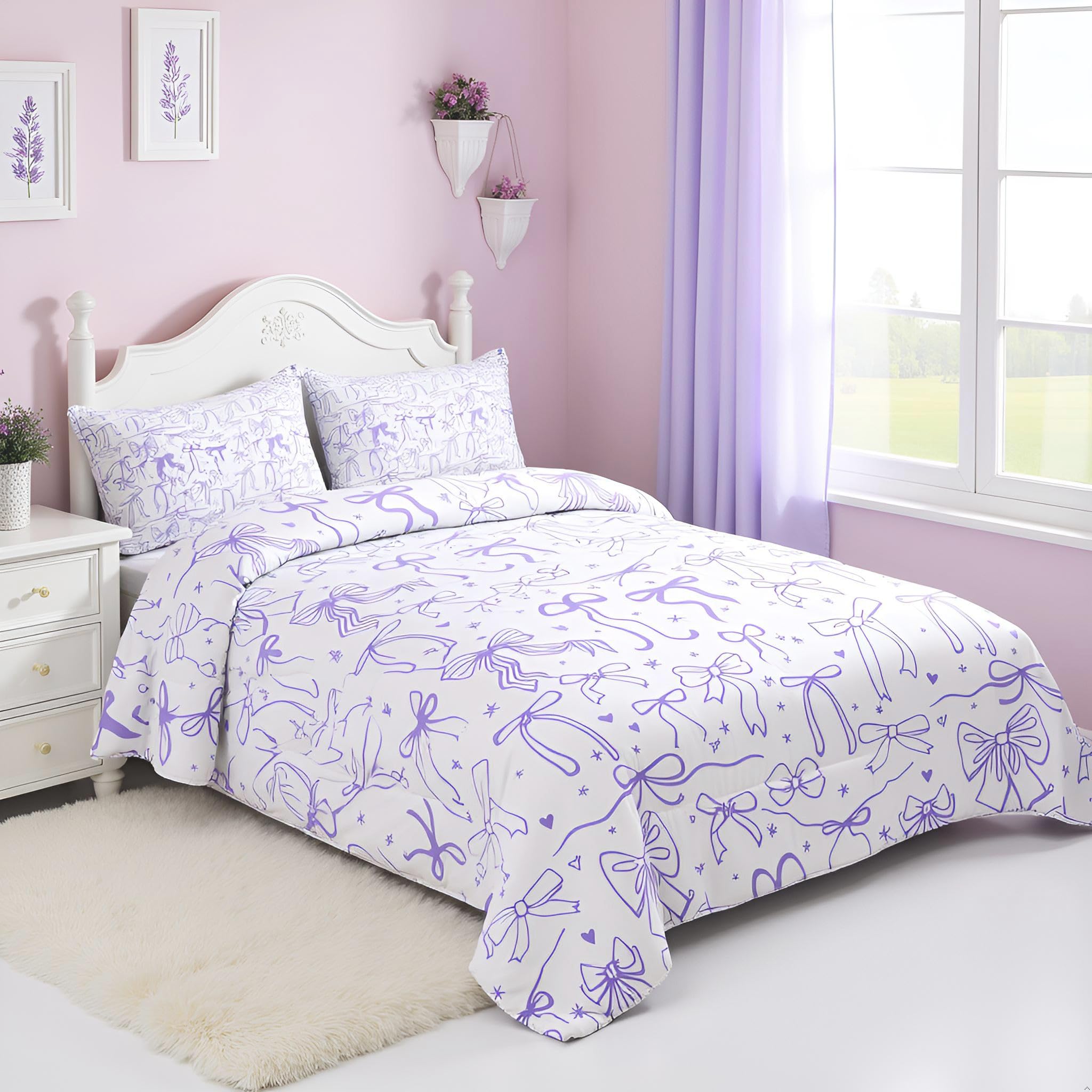 Purple Bowknots Comforter Set Full Size,Cartoon Hand Drawn Stars Love Bow Bedding Set,Kawaii Princess Style Quilt Set for Kids Girls Women Teens Room Decor,Romantic Duvet Insert,2 Pillowcases