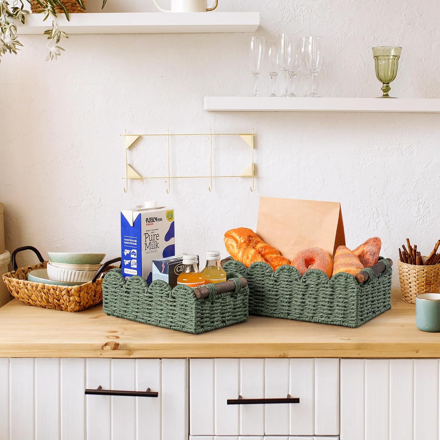Skiennix Wicker Storage Basket - Stylish Organizer for Toilet Paper | Green Color