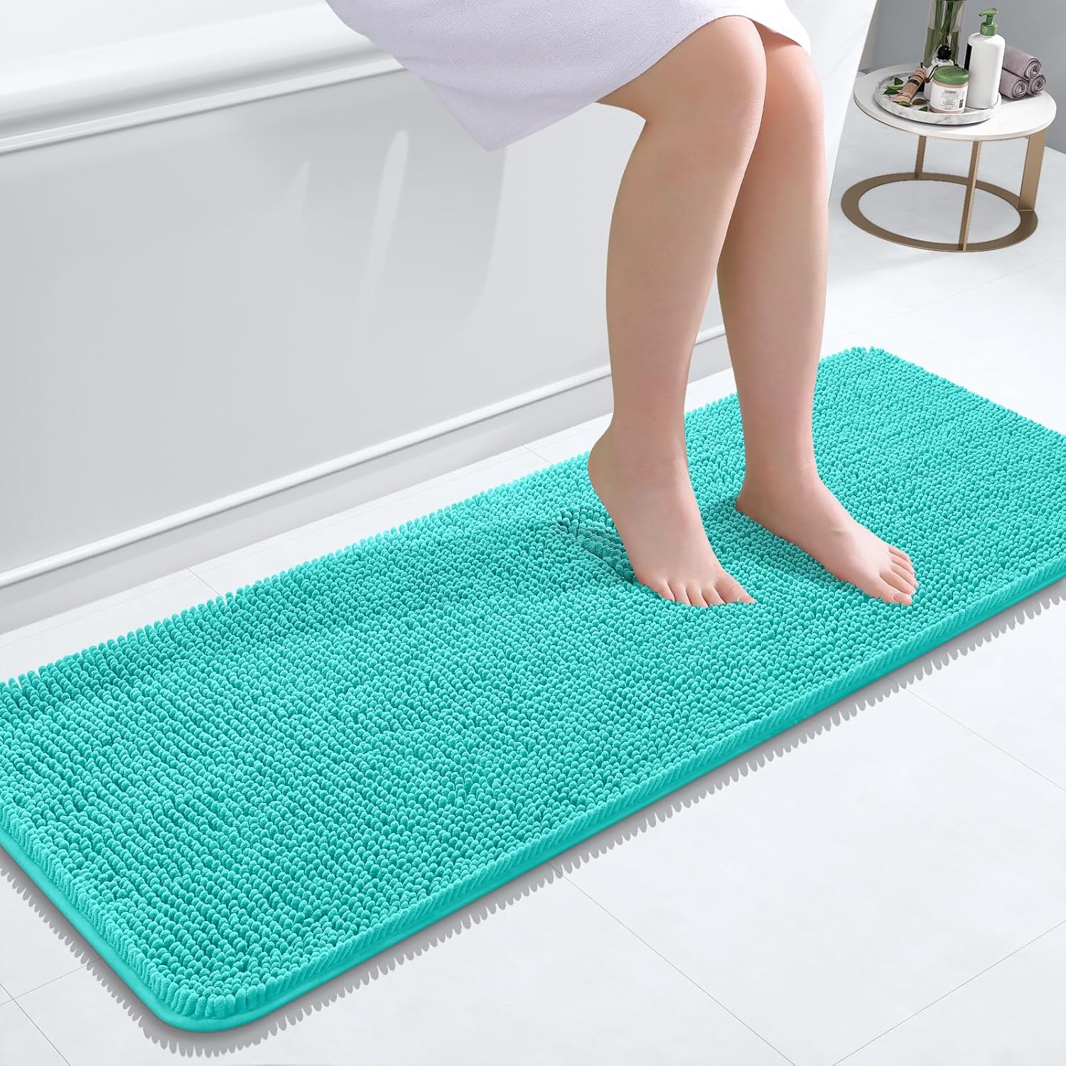 OLANLY Bathroom Runner Rugs - Extra Soft Chenille Bath Mats | Quick Dry, Machine Washable, 47x17, Teal