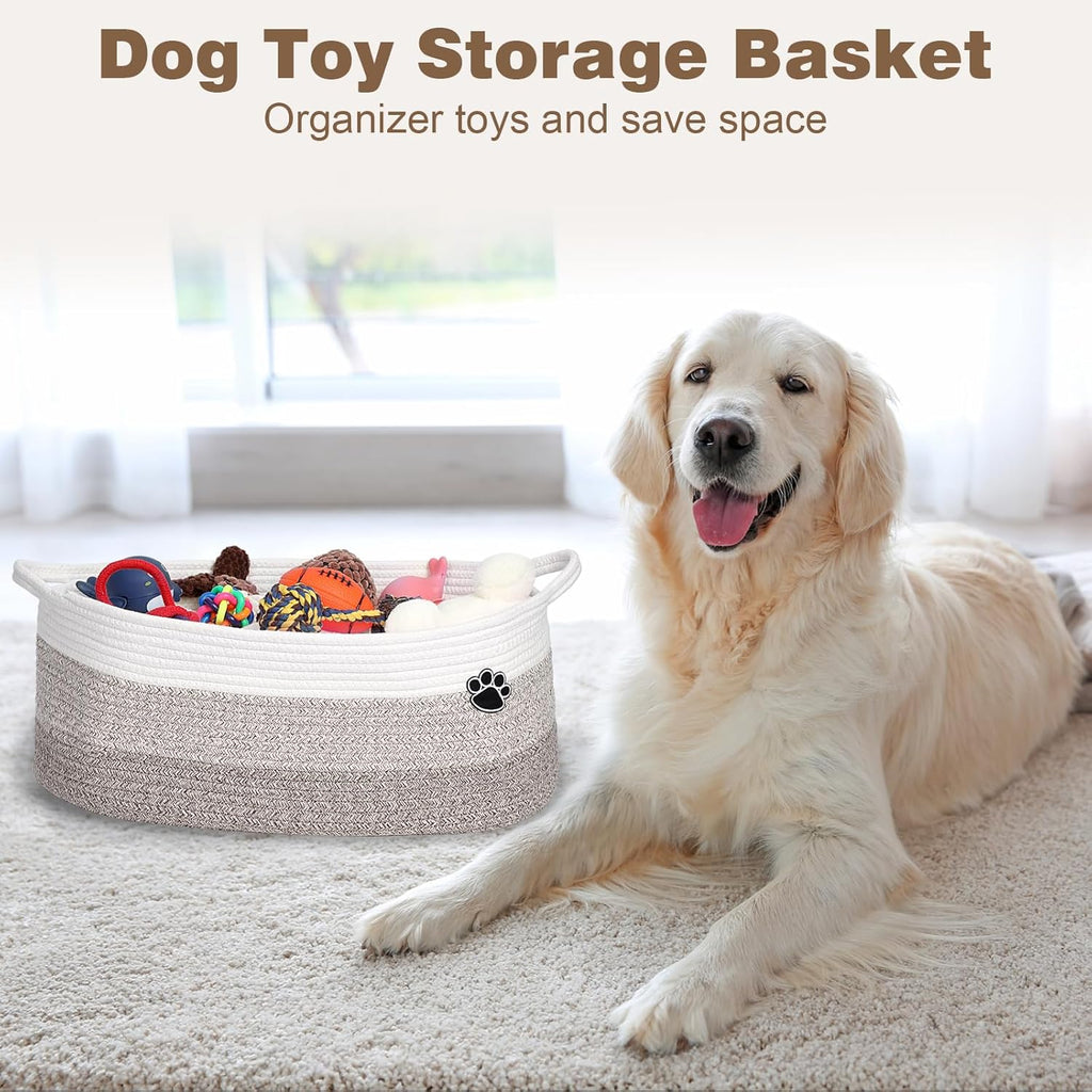 Optish Dog Toy Basket - Large Woven Rope Storage Bin for Dogs & Cats | 19.7" x 11" x 7.9" - White & Brown